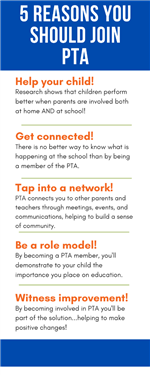 5 reasons to join PTA. Help your child. Get Connected. Tap into a network. Be a role model. Witness improvement.